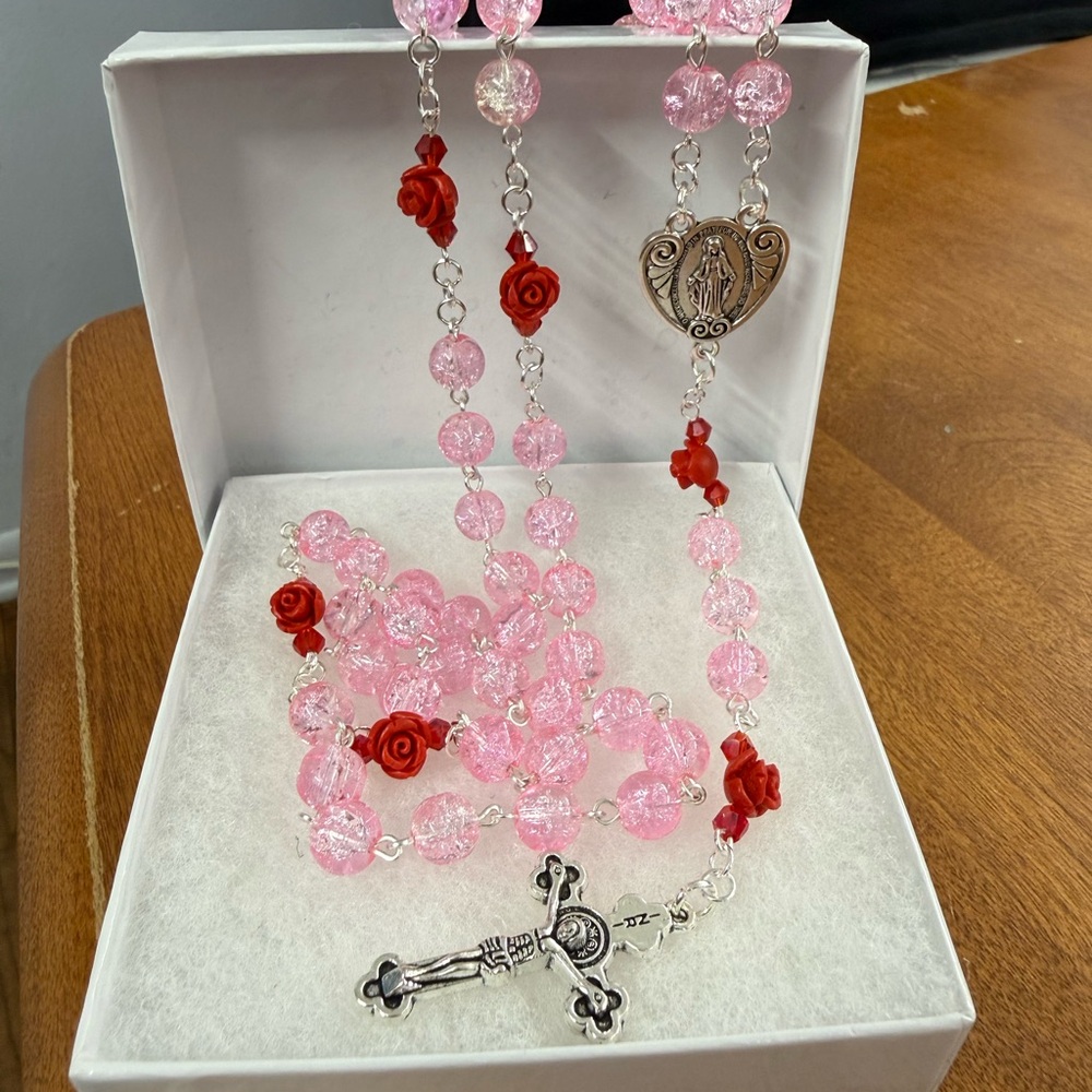 Pink and Red Rosary Beads with Silver Accents